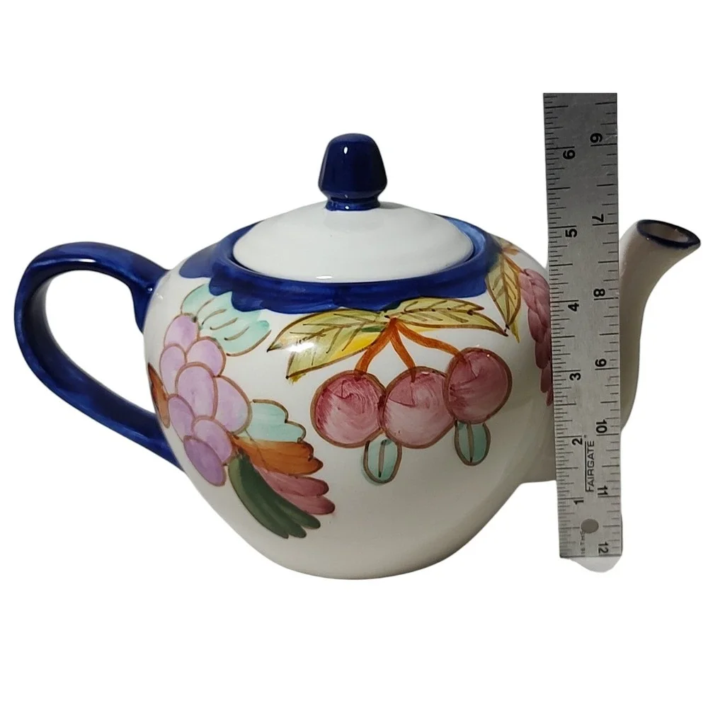 BIA Cordon Bleu International Teapot with Lid Hand Painted Fruit Blue Trim‎ SEE